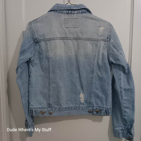 FOREVER 21 - LOS ANGELES - CROPPED JEAN JACKET - WOMEN'S SIZE S - DISTRESSED - Picture 2 of 4